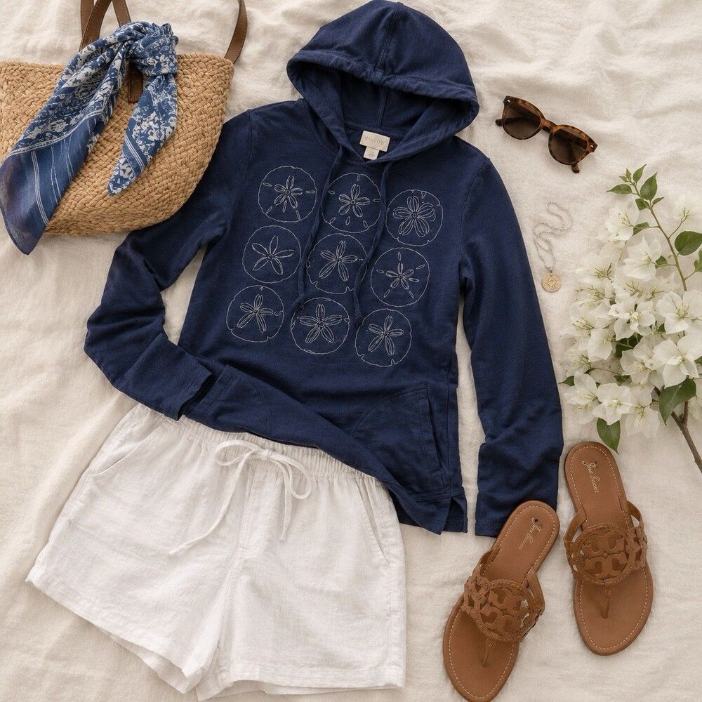 Chicos Sand Dollar Hoodie Coastal Beach Cotton Pullover Navy Blue Lightweight
